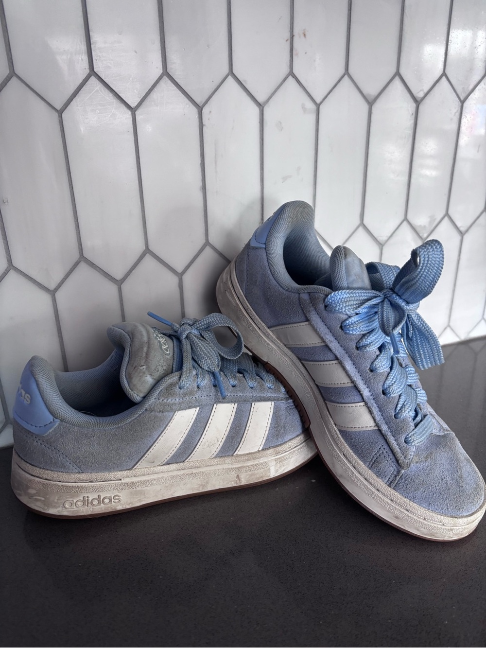 adidas Light Blue and White Suede Low-Top Sneakers